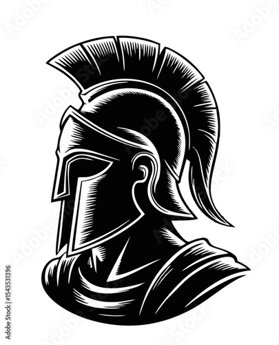 Black silhouette of an ancient Greek or Roman warrior helmet in engraved style. Classic historical symbol, perfect for logo, emblem, tattoo, or vintage design. Transparent background.