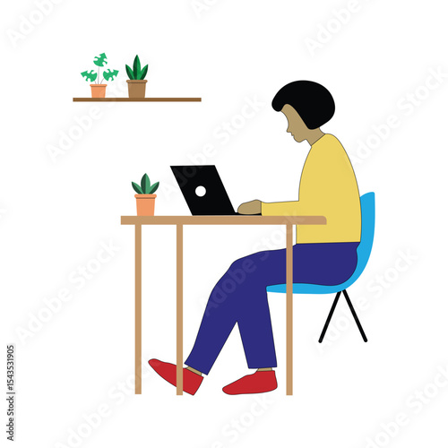 Home Office Vector – Person Working on Laptop at Desk with Indoor Plants in Flat Minimal Style