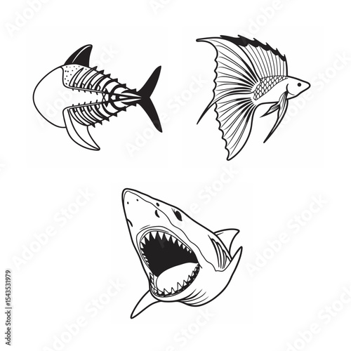 line art of see fish bundle on the white background