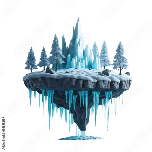 Floating winter island with snow covered trees icicles and frozen peaks scenic landscape background for design
