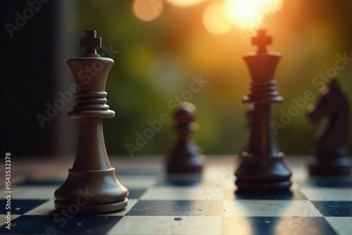 A triumphant chess knight, standing tall after a decisive checkmate, symbolizes strategic victory and skillful maneuvering on a classic checkered board , competition, planning