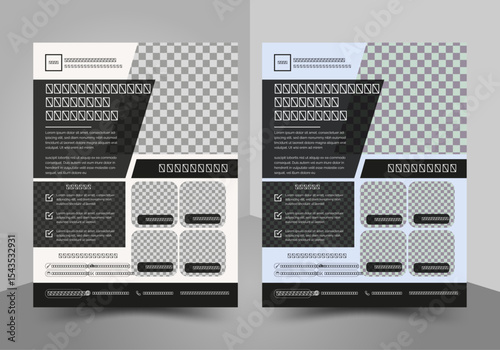 Modern business flyer template in a sophisticated dark and grey color scheme, perfect for corporate services, marketing, and professional advertising. Features clean layout, ample text space,
