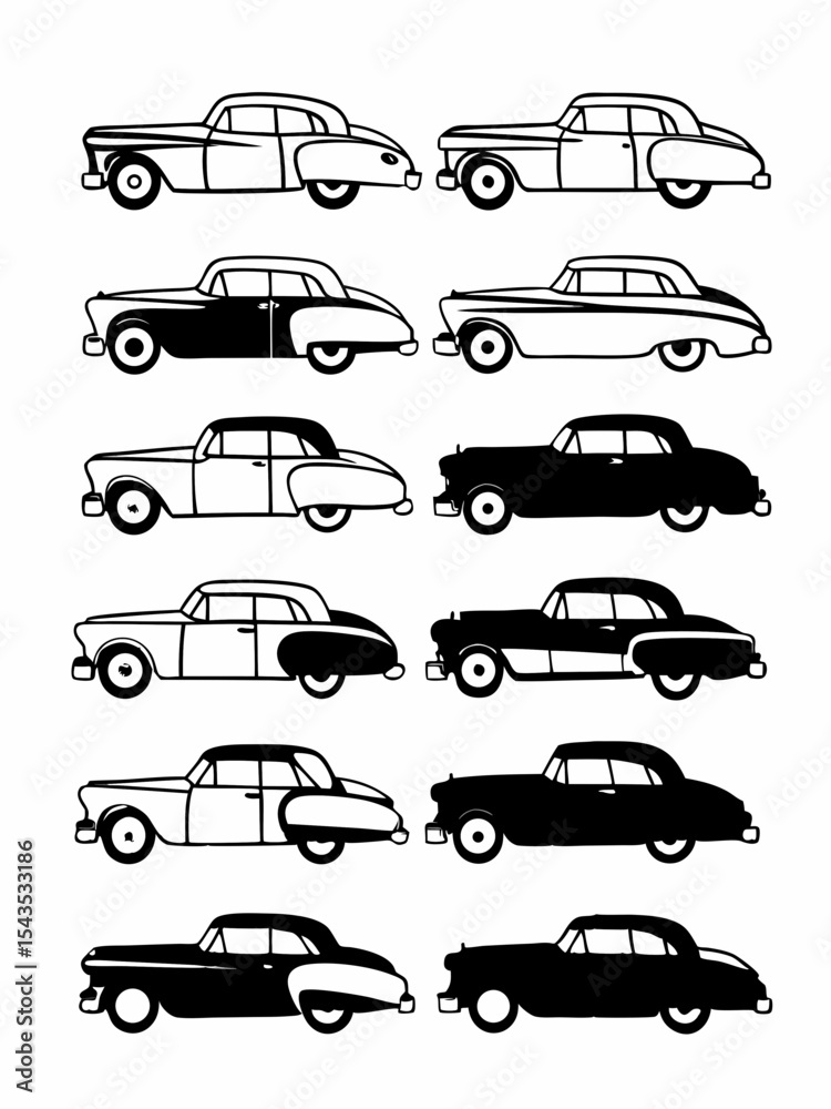 Obraz premium Set of Classic Vintage Car Silhouettes in Black and White for Retro Automotive Design