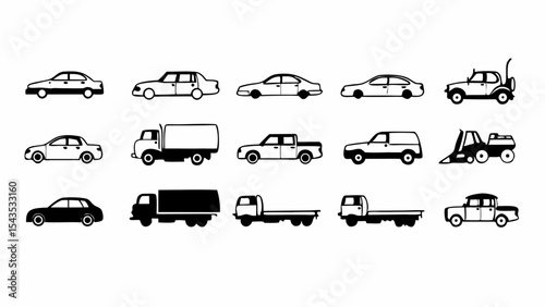 Collection of Old-Fashioned Automobile Icons in Side Profile for Nostalgic Themes