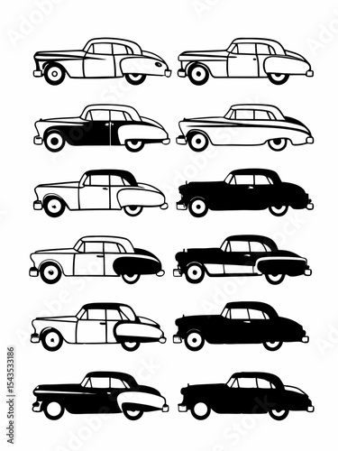 Set of Classic Vintage Car Silhouettes in Black and White for Retro Automotive Design