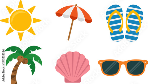 Sunlight-themed layout with parasol, shells, bikini, shades, palm leaves, and sandy beach objects  
