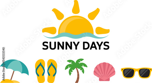 Sunny days theme with sun umbrella slippers swimwear and sunglasses in flat modern summer icon style  