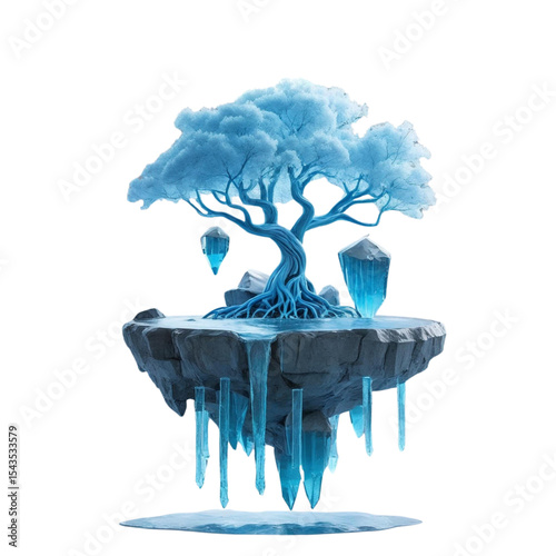 Floating island tree with ice crystals and magical elements fantasy art illustration for desktop wallpaper design