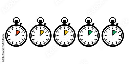Set of Stopwatch Icons Indicating Various Time Intervals with Color-Coded Segments