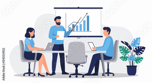 Flat Design Illustration of Three Young Adults in a Business Meeting with Presentation Screen, Laptop, and Tablet Representing Team Collaboration and Data Sharing in Modern Office