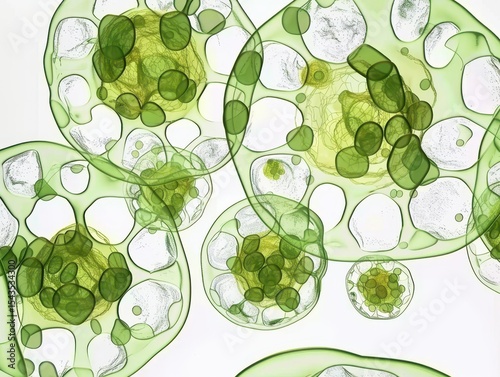 Microscope view of green plant cells showing chloroplasts, AI-generated.