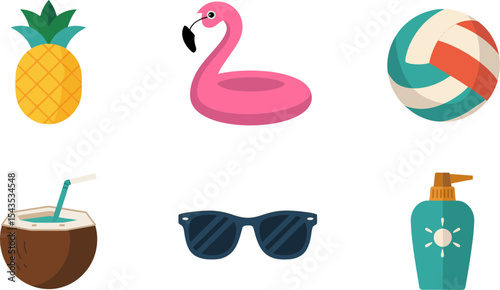 Flamingo float pineapple cocktail sunglasses and volleyball in a tropical vacation fun pack  
