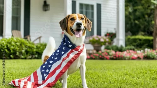 American Foxhound proudly sits on lush green grass wrapped in a flag, enjoying the festive atmosphere of Independence Day at a lovely house.