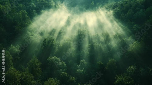 In the early hours, gentle mist weaves through lush treetops, while soft sunlight pierces the fog, casting ethereal rays. Nature awakens in this serene forest, revealing its enchanting beauty.
