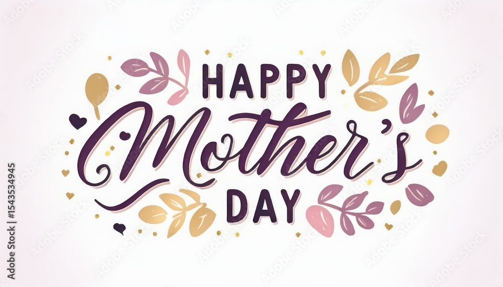 Obraz premium elegant happy mother’s day calligraphy design with purple and gold swirls, hearts, and flourishes on a soft white background for greeting card or web graphic use