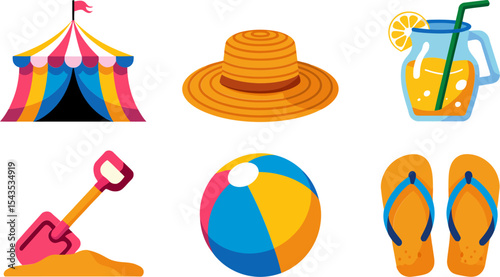Bright vacation pack with beach tent, sunhat, jug, beach ball, and sand shovel in retro flat tone  