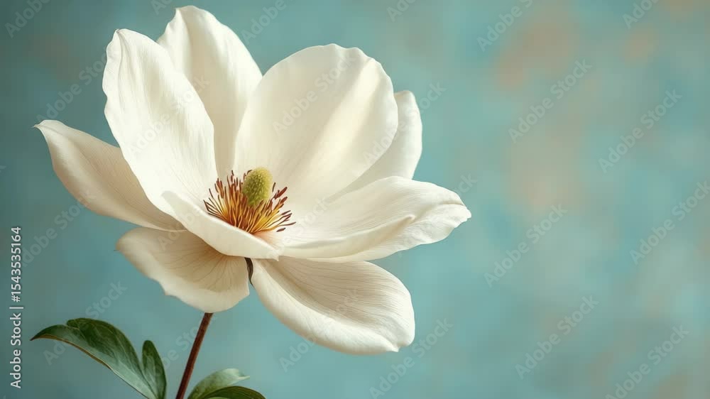 A delicate white flower opens its petals in full bloom, standing out against a calming blue background. The scene captures the essence of tranquility and the beauty of nature in full splendor. A delicate white flower opens its petals in full bloom, standing out against a calming blue background. The scene captures the essence of tranquility and the beauty of nature in full splendor.