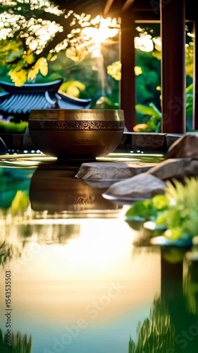 Zen garden featuring a singing bowl in water with rocks and a temple in a tranquil, sunlit setting evoking peace