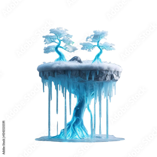 Floating winter island with frozen trees and icicles landscape scene for fantasy game design asset concept