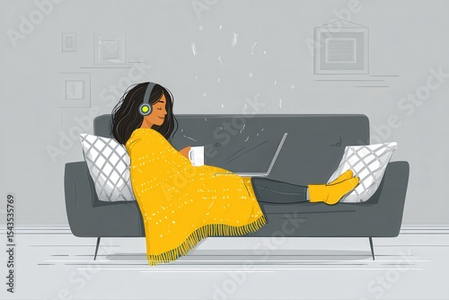 Wallpaper Mural A flat illustration of a young woman sitting comfortably on a couch, working remotely on her laptop. Torontodigital.ca