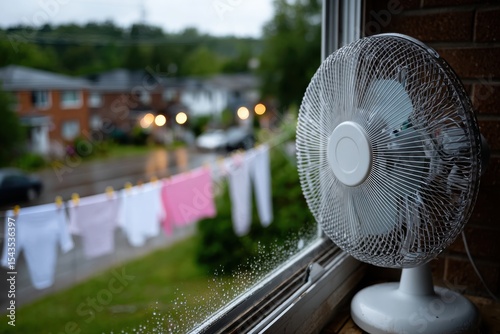 A fan blows air indoors while freshly washed laundry hangs outside, creating a serene and relatable scene of everyday life in a cozy setting.