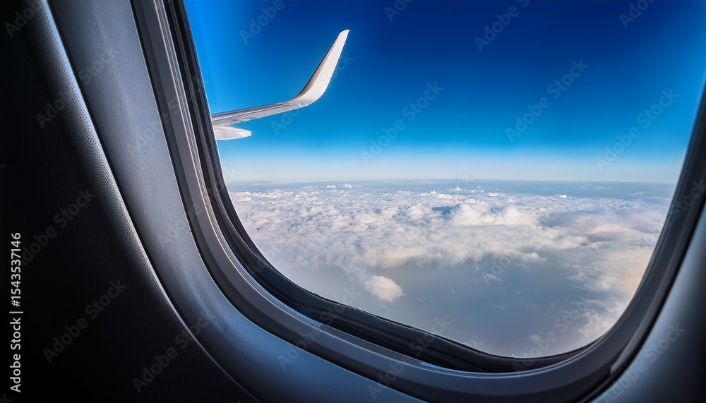 Naklejka premium looking through a big jet passenger plane window above the clouds