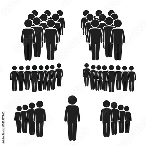 Minimalist black silhouettes of large groups and crowds of people in vector format on white background, suitable for event planning, public gathering signs, and social media graphics