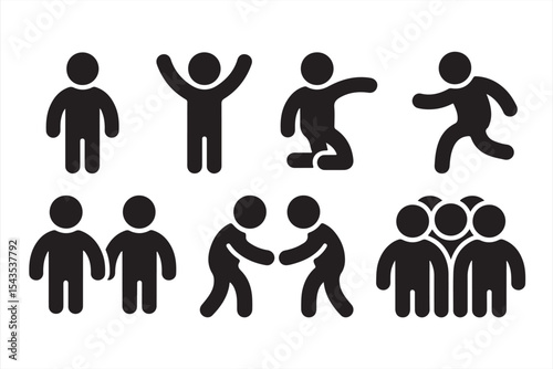 Simple stick-style people icons in expressive poses for interaction, teamwork, and dynamic action concepts
