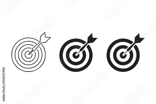Business strategy icon set showing darts in bullseye targets with minimal line and fill variations