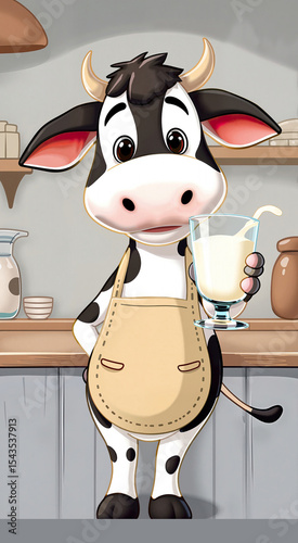 Black and white cow with a glass of fresh milk. Illustration of a cartoon cow character in an apron in the kitchen offering a milk drink.