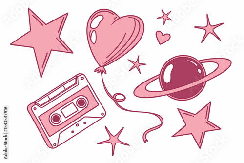 Pink retro cassette tape with heart balloon and stars