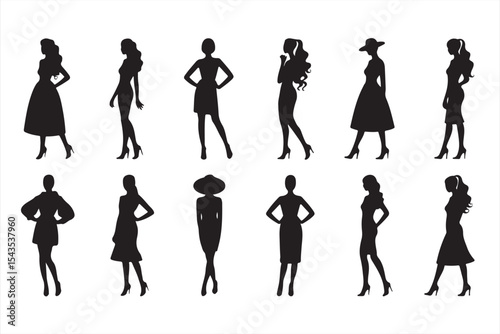 Chic fashion silhouettes of women in different dress styles highlighting modern elegance and posture