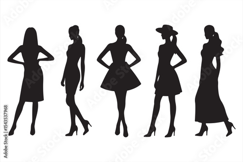Female silhouettes wearing gown, pantsuit, and tuxedo showing classy and confident fashion styles