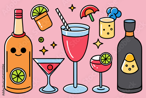 Cute cartoon cocktail illustration with bottles and glasses