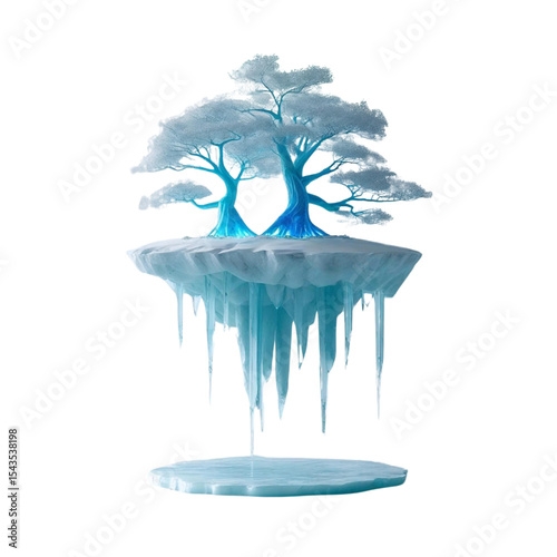 Floating winter island with snow trees and icicles fantasy landscape nature illustration background 