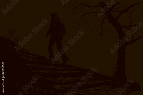 Silhouette of man ascending stone steps at dusk
