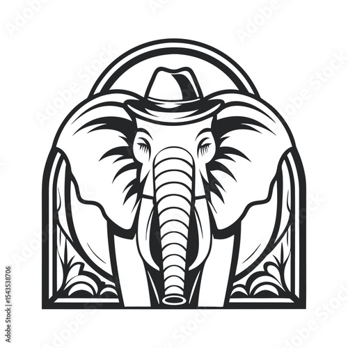 Line Art: Elephant Wearing Hat, Symmetry, Ornamental Frame. Detailed Vector Illustration. Suitable for logo, design projects, sticker, and print materials.