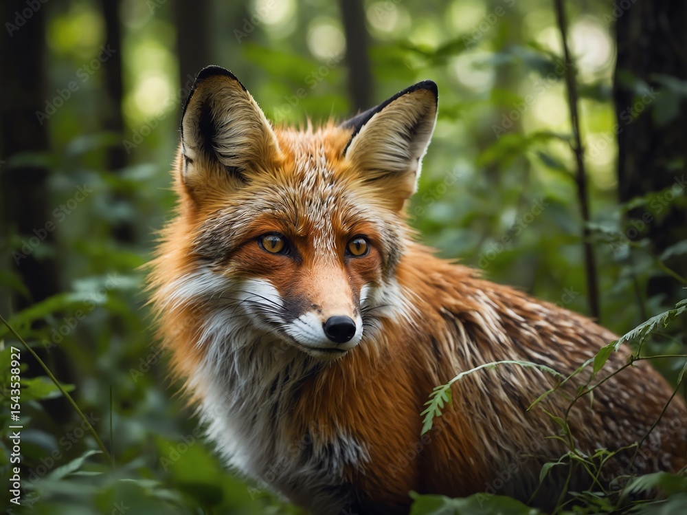 Fototapeta premium A wild fox in a lush green forest, natural lighting, highly detailed, realistic fur