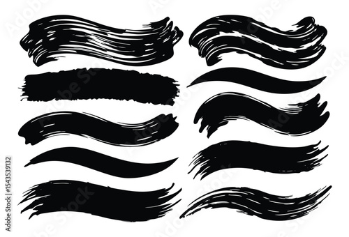 Vector freehand brush strokes. Thick textured lines isolated on white background. Set of horizontal highlight underline. Black brush strokes rough and textured set of black ink splashes.