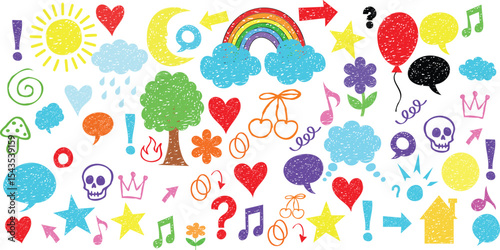 Children school pencil bg Colorful Hand Drawn Doodle Icon Set Weather, Symbols, Nature and Emotions on White Background Kid crayon hand drawn background