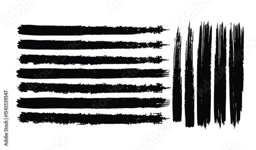 Vector freehand brush strokes. Thick textured lines isolated on white background. Set of horizontal highlight underline. Black brush strokes rough and textured set of black ink splashes.