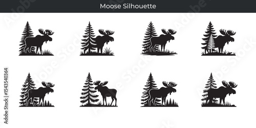 Black moose silhouette standing beside evergreen trees and grass on white background