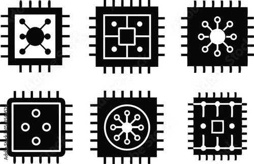 Collection of Vector Processor and Microchip Icons – Simplified Circuit Designs