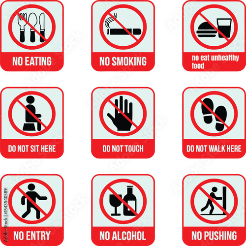 A grid of warning signs featuring various prohibitions, including "No Eating," "No Smoking," and "No Alcohol."