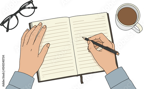 Top View of Hands Writing in a Notebook with Coffee and Glasses, Representing Creativity, Planning, and Productivity.