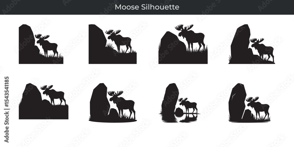 Fototapeta premium Various black silhouettes of moose animals with antlers in natural landscape designs
