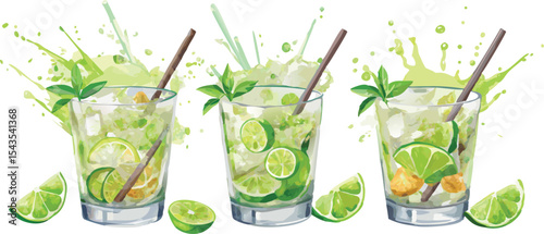 Set of three refreshing mojito or caipirinha cocktails with lime, mint, and ice splash. Watercolor vector illustration.
