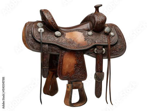 Ornate hand tooled leather western saddle isolated on transparent background