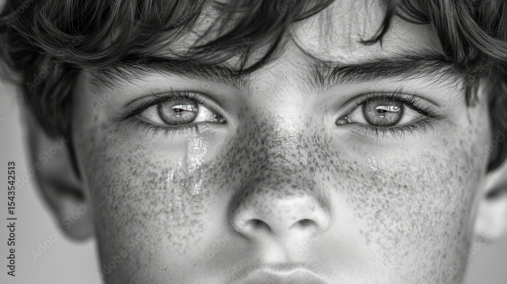 Obraz premium Close-up grayscale portrait of a boy with freckles