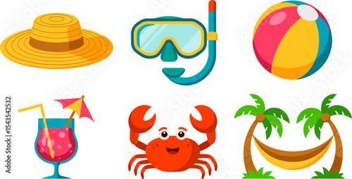 Bright yellow summer essentials with hat, drink, snorkeling mask, beach ball, crab, and cocktail vibes 